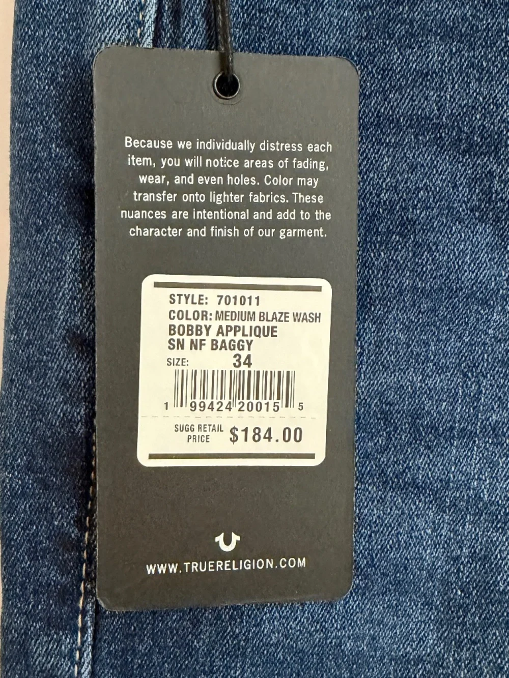 $184 True Religion Bobby Applique Baggy Jeans Mens 34x32 Medium Blaze Wash